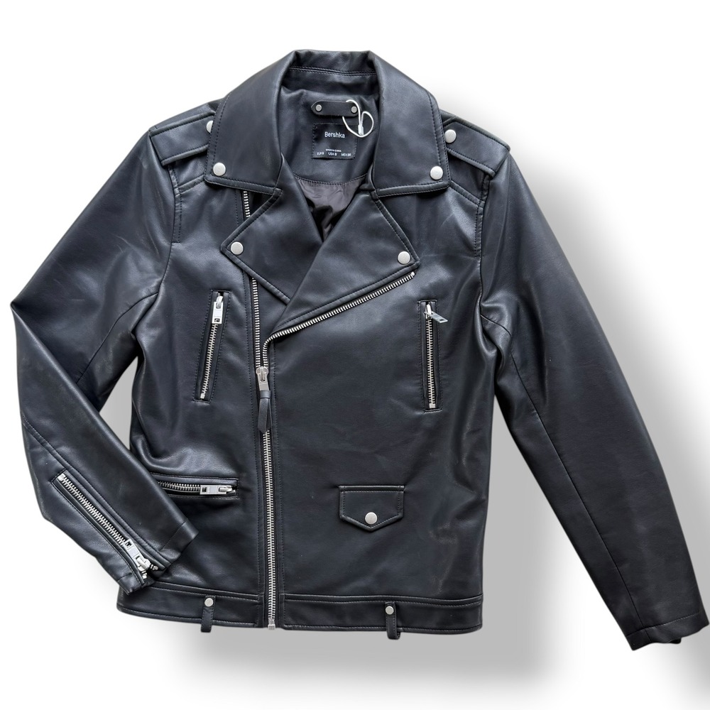 Bershka Womens S Black Faux Leather Asymmetric Zip Biker Moto Jacket Grunge Edgy